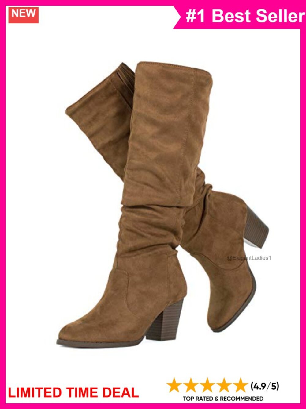 Stacked Heel Slouchy Knee High Boots Almond Toe Block Heel Vegan